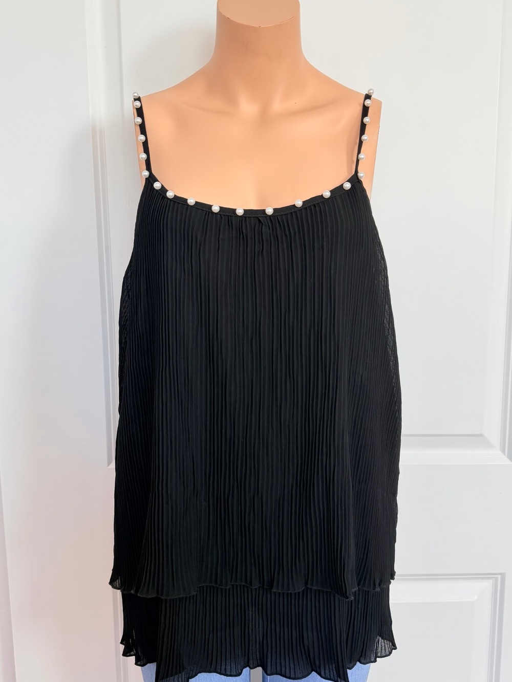 Women's Black Pleated Camisole with Pearl-Trim Straps